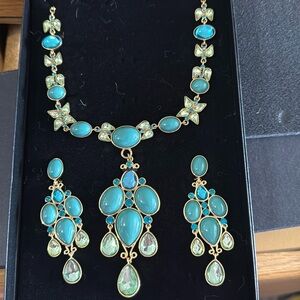 SCAASI blues/greens resin necklace with matching chandelier clip earrings